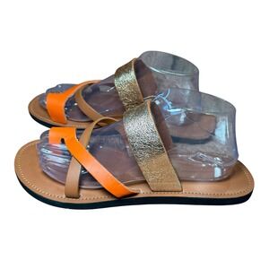 Ikwetta Handcrafted Leather Sandals Kenya Orange Gold Strappy‎ Flat Slides 41